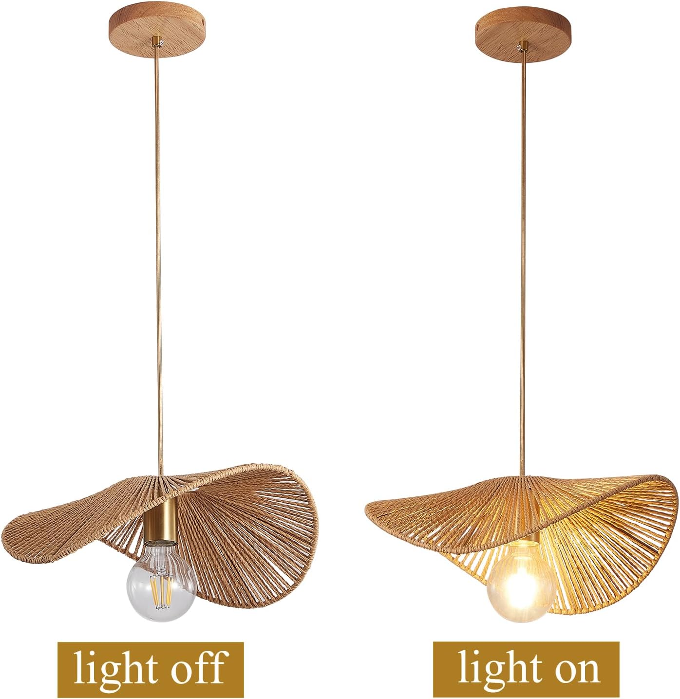 Boho Rattan Pendant Light Fixture Modern Style Hanging Light Bamboo Handwoven 1-Light Hanging Lamp for Farmhouse Bedroom Living Room Dining Room