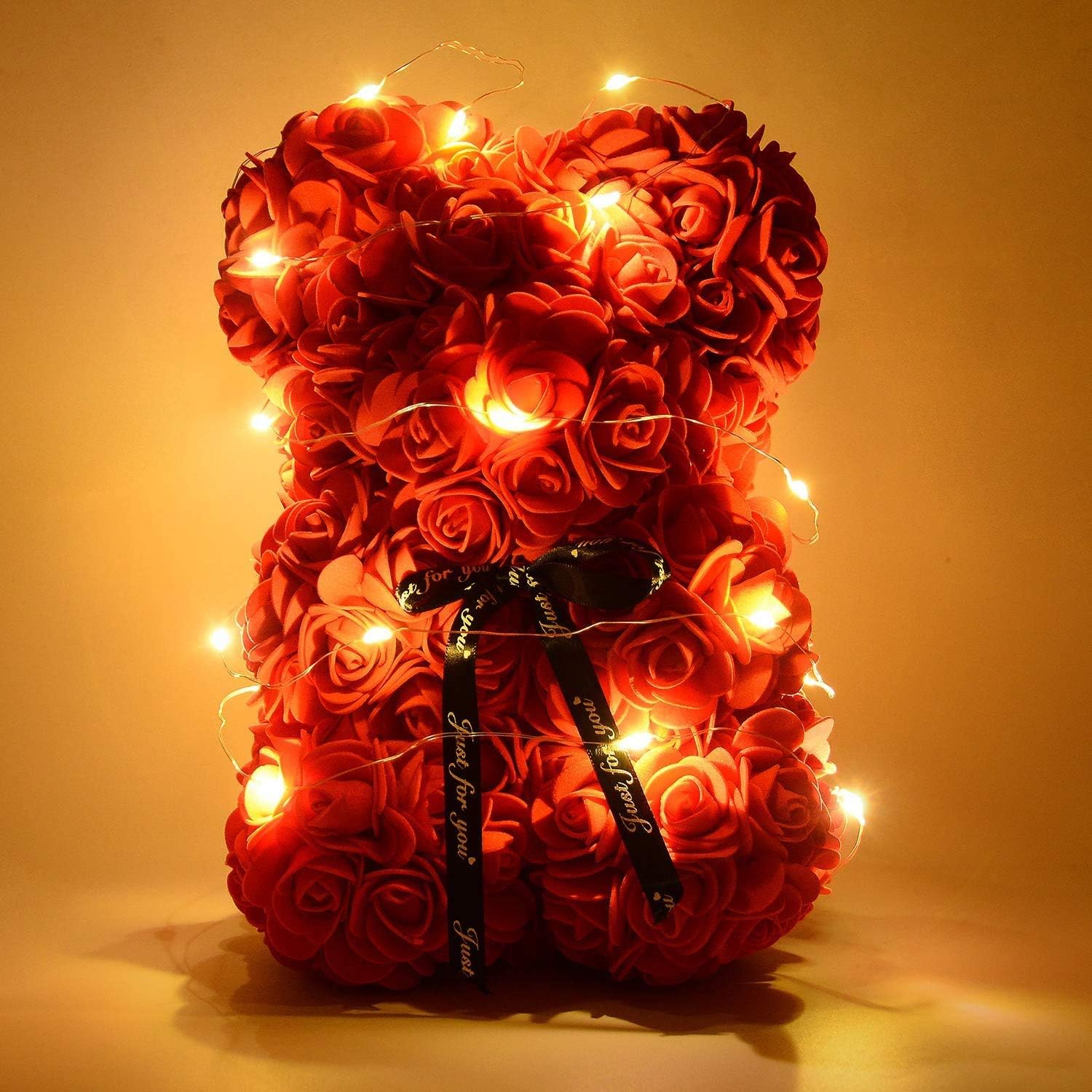 Rose Teddy Bear,10 inch Red Flower Bears with Lights, Lighted Up Artificial Foam Floral Gift for Mothers Day Christmas Wedding Anniversary Birthday Home Bedroom Office Decoration - Image 2