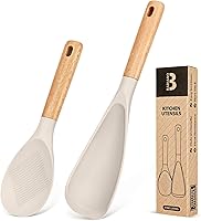 BADIANO Silicone Cooking Spoon & Rice Scooper - Heat-Resistant 446°F, BPA-Free Matte Silicone, Ergonomic Wood Handle for Nonstick Cookware (Khaki)