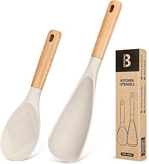 BADIANO Silicone Cooking Spoon & Rice Scooper - Heat-Resistant 446°F, BPA-Free Matte Silicone, Ergonomic Wood Handle for Nonstick Cookware (Khaki)