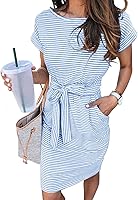 MEROKEETY Women's Striped Short Sleeve T-Shirt Dress with Tie Waist - Summer Casual Midi Work Vacation Dress