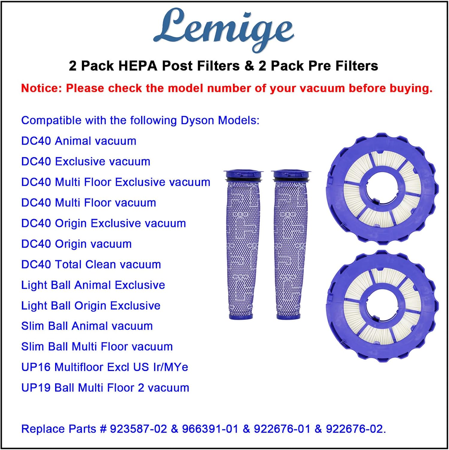 Lemige 2 Pack Post-Motor Filters & 2 Pack Pre-Motor Filters Replacement Parts for Dyson DC40, Light/Slim Ball Animal, Multi Floor, Origin and Total Clean Vacuums, Compare to Part 923587-02 & 922676-01