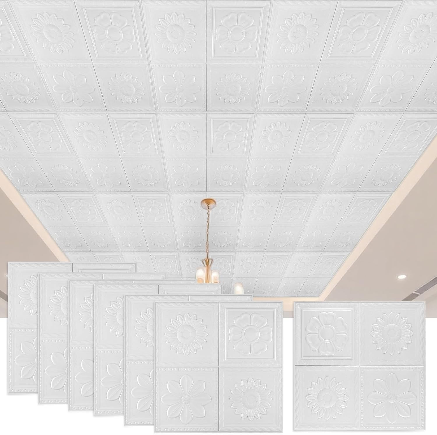 Nuanchu 40 Pcs Foam Ceiling Tiles Peel and Stick 3D Wall Panels 13.8 x 13.8 Inch Covered 26-52 Sq. ft White Wall Tiles Self Adhesive Waterproof Wallpaper DIY for Living Room Bedroom (Fresh) 40 Fresh