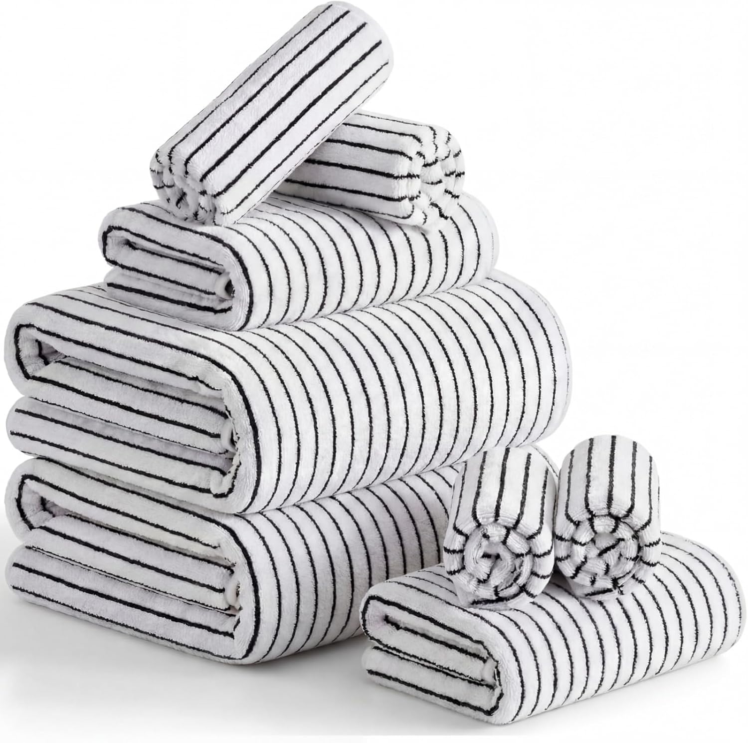 8 Pcs Oversized Bath Towels Set for Adults 40 x 80 Inches Extra Large Black & White Striped Bathroom Sheets Jumbo Shower Towel Quick Dry Absorbent Soft Microfiber for Hotel Bathroom