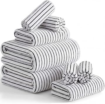 8 Pcs Oversized Bath Towels Set for Adults 40 x 80 Inches Extra Large Black & White Striped Beach Towels Sheets Pool Shower Quick Jumbo Dry Absorbent Soft Microfiber for Hotel Bathroom