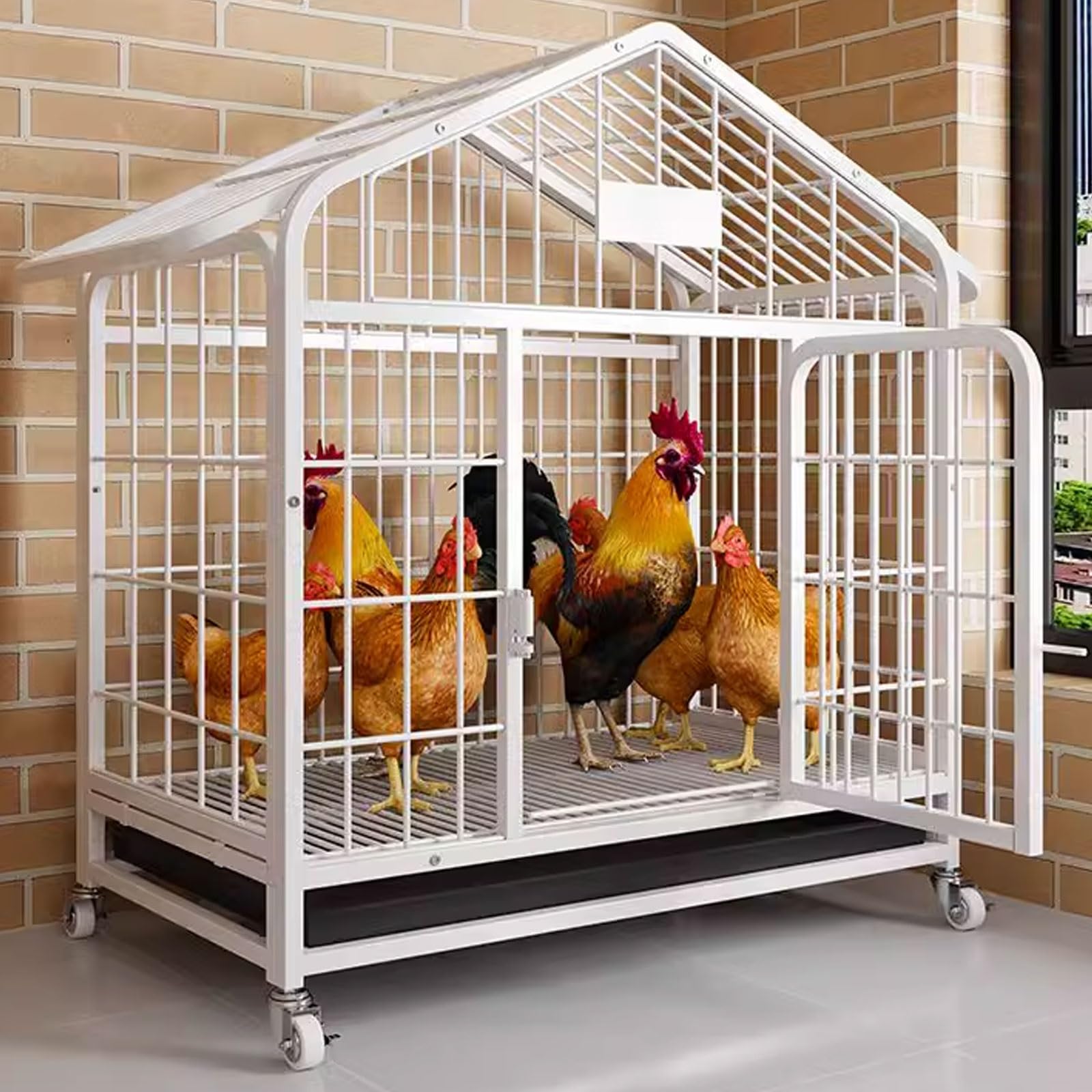 Chicken Coops on Wheels Large Thickened Square Tube Material Walk-in Poultry Cage Chicken Runs Oversized Tray Design with Encrypted Mesh Foot Pads At The Bottom(White,70 * 52 * 78CM)