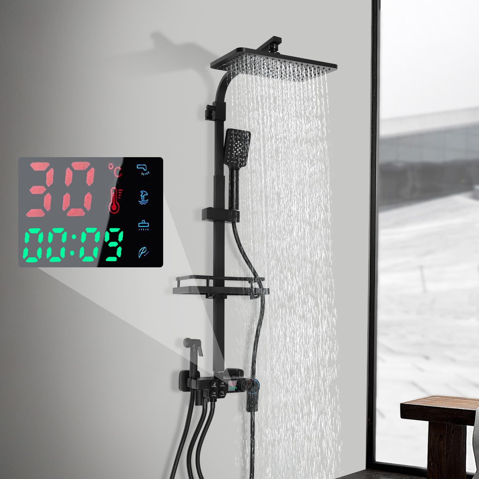 System prysznicowy, czarny, podtynkowy, 29 cm, deszczownica z termostatem LCD, 4 tryby, regulacja wysokości 73-116 cm, armatura prysznicowa, kompletny zestaw, elastyczny, silikonowe wyloty