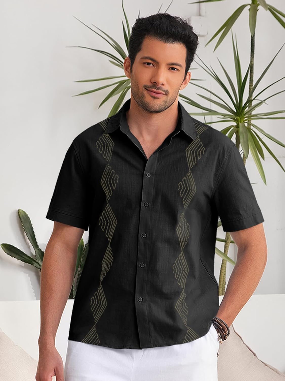 Makkrom Men Cuban Guayabera Shirts Linen Short Sleeve Button Down Cotton Mexican Beach Wedding Shirt - Image 2