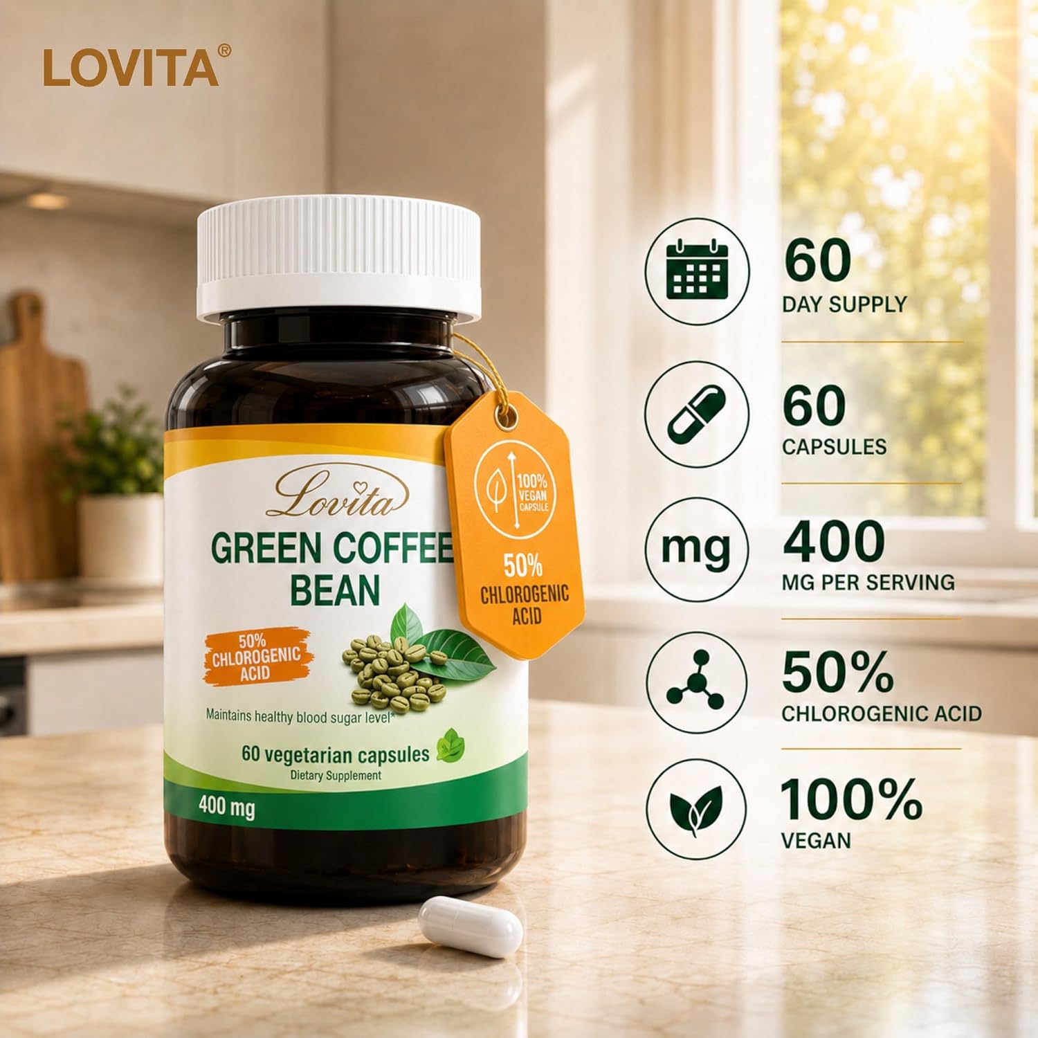 LOVITA Green Coffee Bean Extract, Standardized to 50% Chlorogenic Acids, 4:1 Concentrated for Metabolism, Natural Antioxidant & Size-Reduction Support, Plant-Based, 180 Vegan Capsules