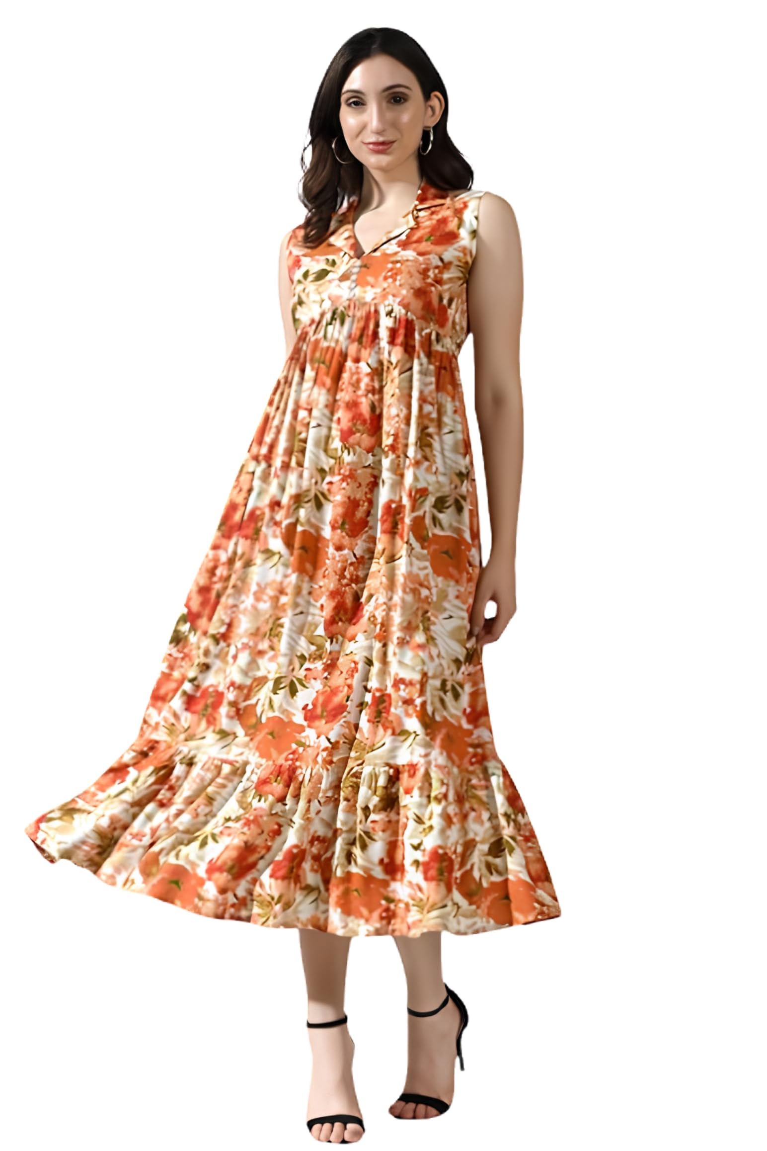 Women Cotton Floral Printed Sleeveless Maxi Dress | V-Neck Tiered Flared Midi Dress | Casual Summer Dress-image-23