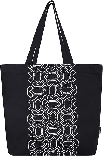 Canvas Big Zip Printed Handbag Tote Cotton Inner Pocket Eco Bag for Women Shopping Bag Easy to Wash, Black & White, 17 X 14