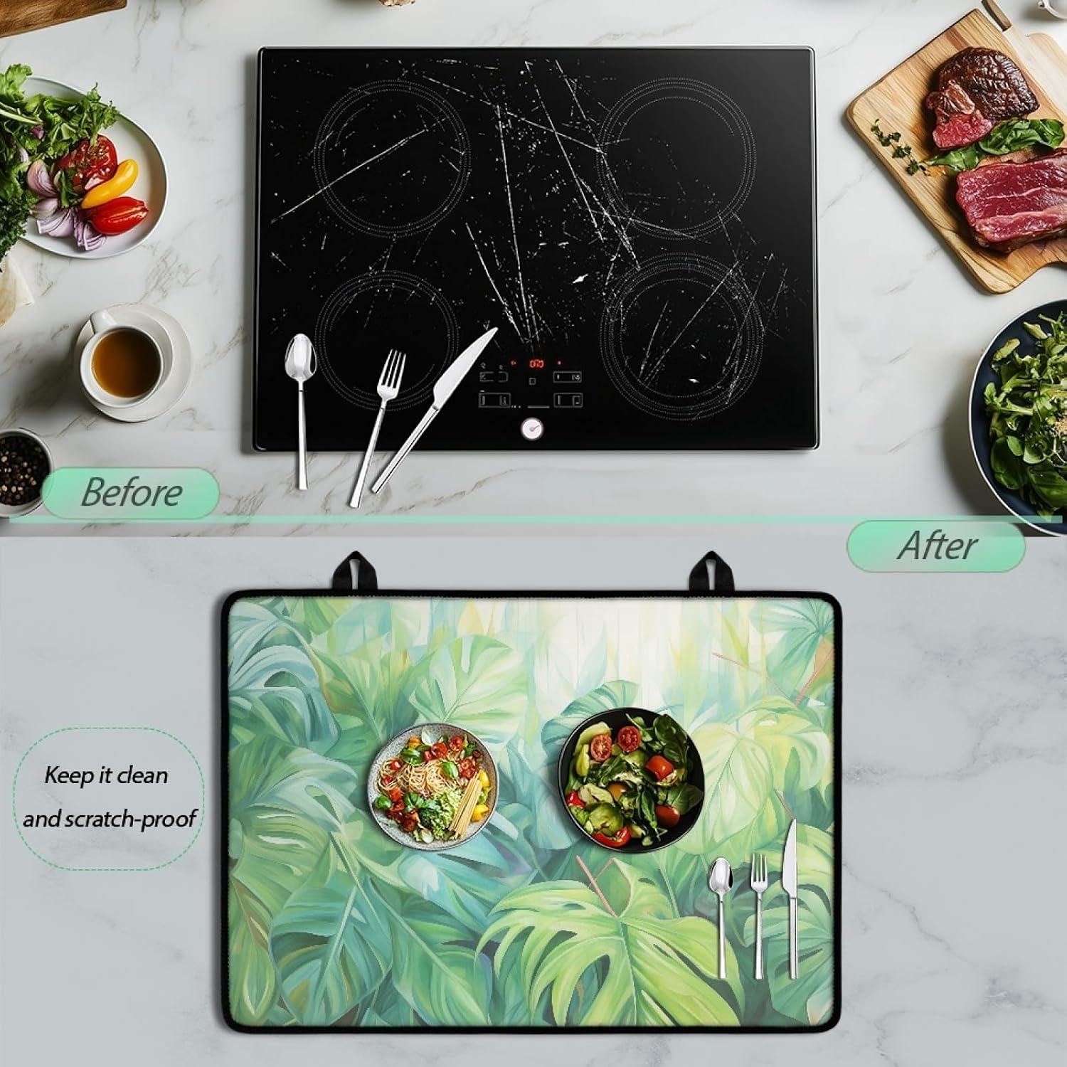 Green Leaves Kitchen Stove Cover for Electric Stove,Silicone Stove Mat for Glass Top Stove,Non-Slip Thick Induction Cooktop Protector Mat,Dish Drying Mats for Home Accessories and Decor