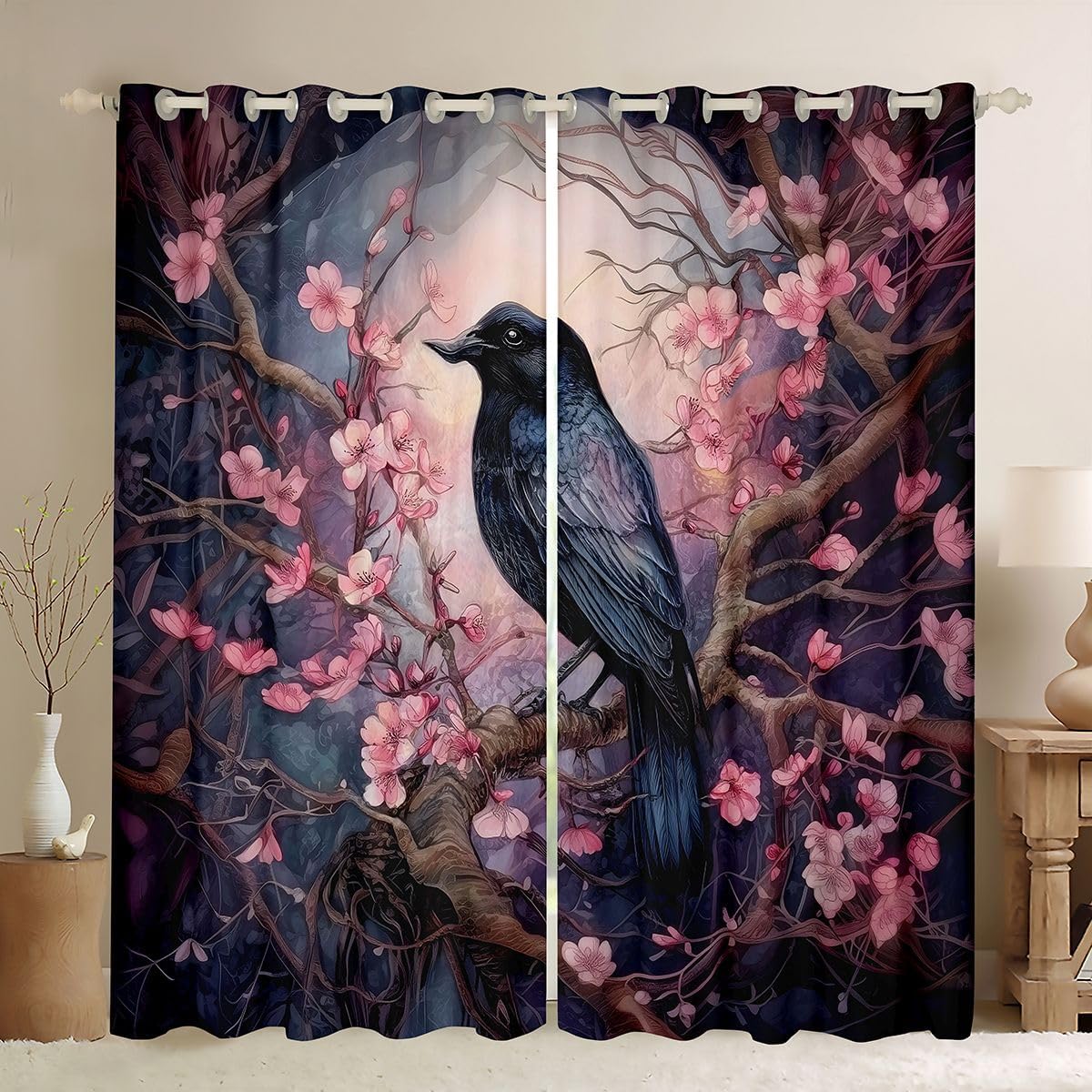 Castle Fairy Black Crow Blackout Curtains Pink Flower Tree Moon Window Drapes,Gothic Theme Window Treatments,Kids Boys Girls Room Decor,Grommet Top 2 Panel Set Curtains, 38Wx54L inch