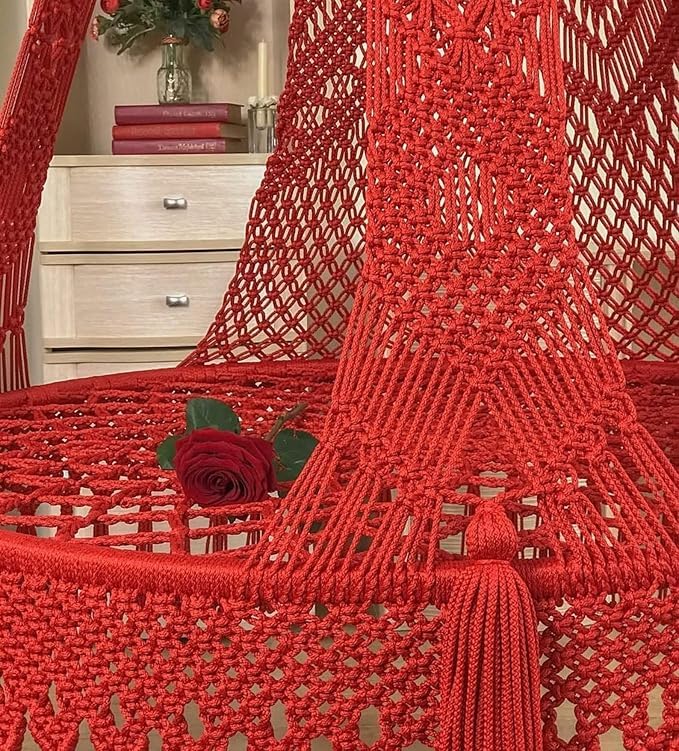 Image of Macrame Hanging Chair Swing with Cushion | Handmade Boho Hammock Chair for Adults & Kids | Indoor Outdoor for Balcony, Living Room, Bedroom, Patio & Garden (Red)