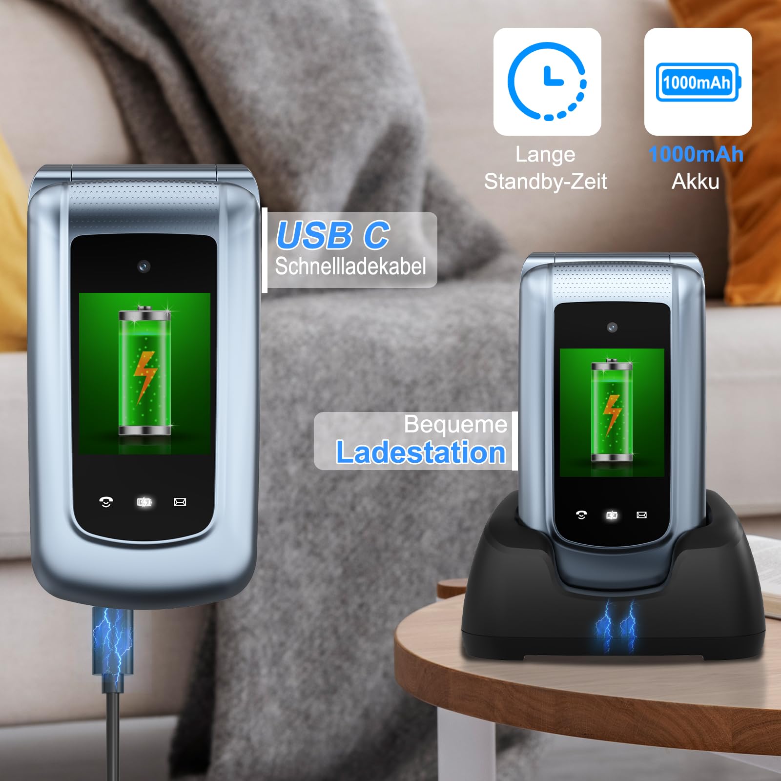 4G Seniorenhandy Klapphandy Ohne Vertrag mit Großen Tasten| Dual-SIM Rentner Handy mit Sprachansage | Ladestation | 2,4+1.77 Zoll Dual Farbdisplay| Flip Mobiltelefon mit SOS | Kurzwahl | Grau