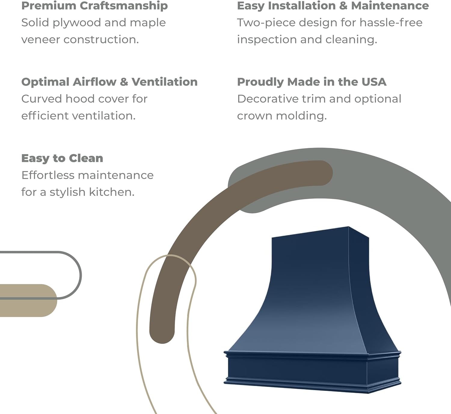 Riley & Higgs Navy Blue Wood Kitchen Range Hood Cover, Curved Front Wall Mount Vent Hood, Classic Trim, Plywood with Maple, 43.5” W x 36” H