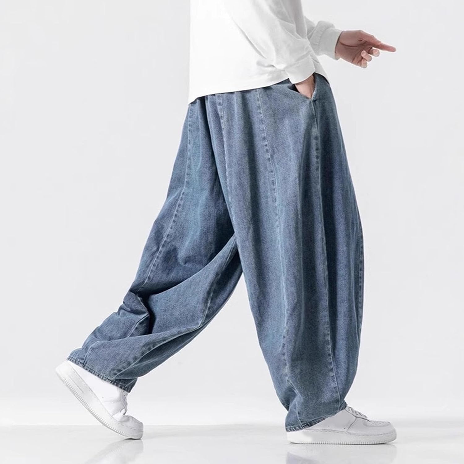 Men's Baggy Lightweight Drawstring Jeans Elastic Waist Fit Denim Pants Classic Mid-Waist Casual Long Trousers