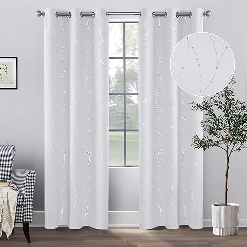BUHUA Blackout Curtains for Bedroom 2 Panels Set, Grommet Thermal Insulated Room Darkening Window Curtains & Drapes with Wave Line and Dots Printed for Living Room, 38W x 72L Inch, Greyish White