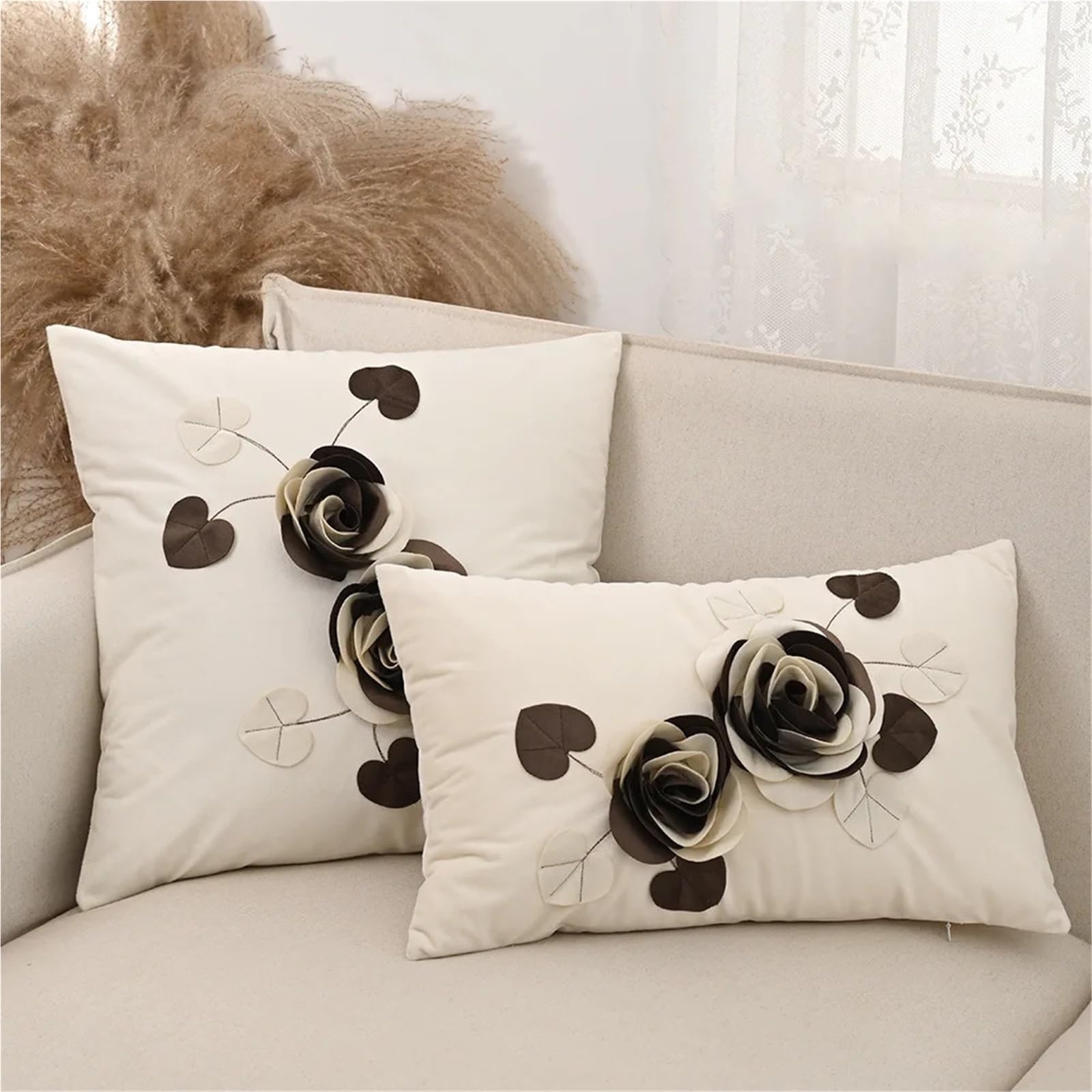 Housse de coussin en patchwork de roses 3D fait main en velours de luxe