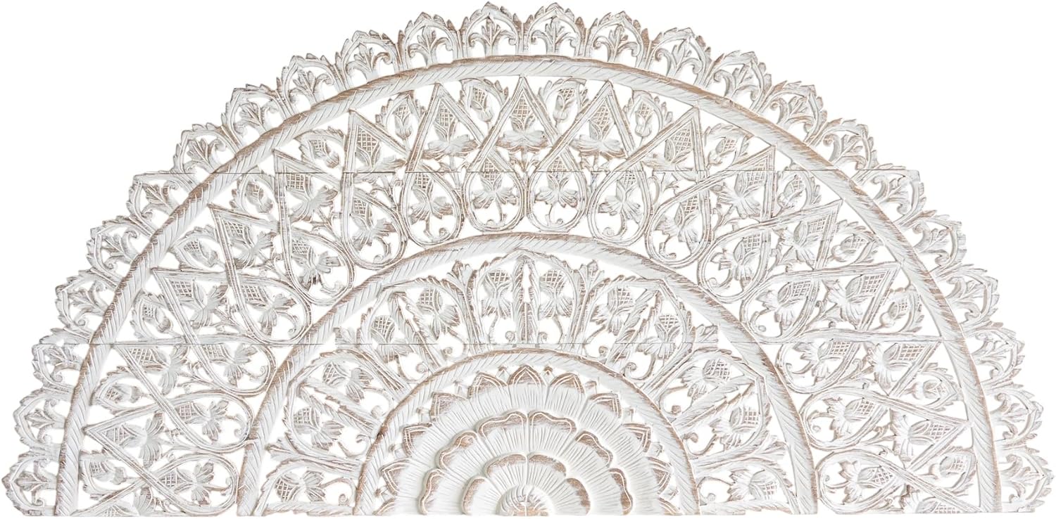 Siam Sawadee Round Half-Moon Cali Bed Headboard Only, White-Wash Wood Carving Bedroom Furnishing, Mounted on Wall, 72x36 Inches