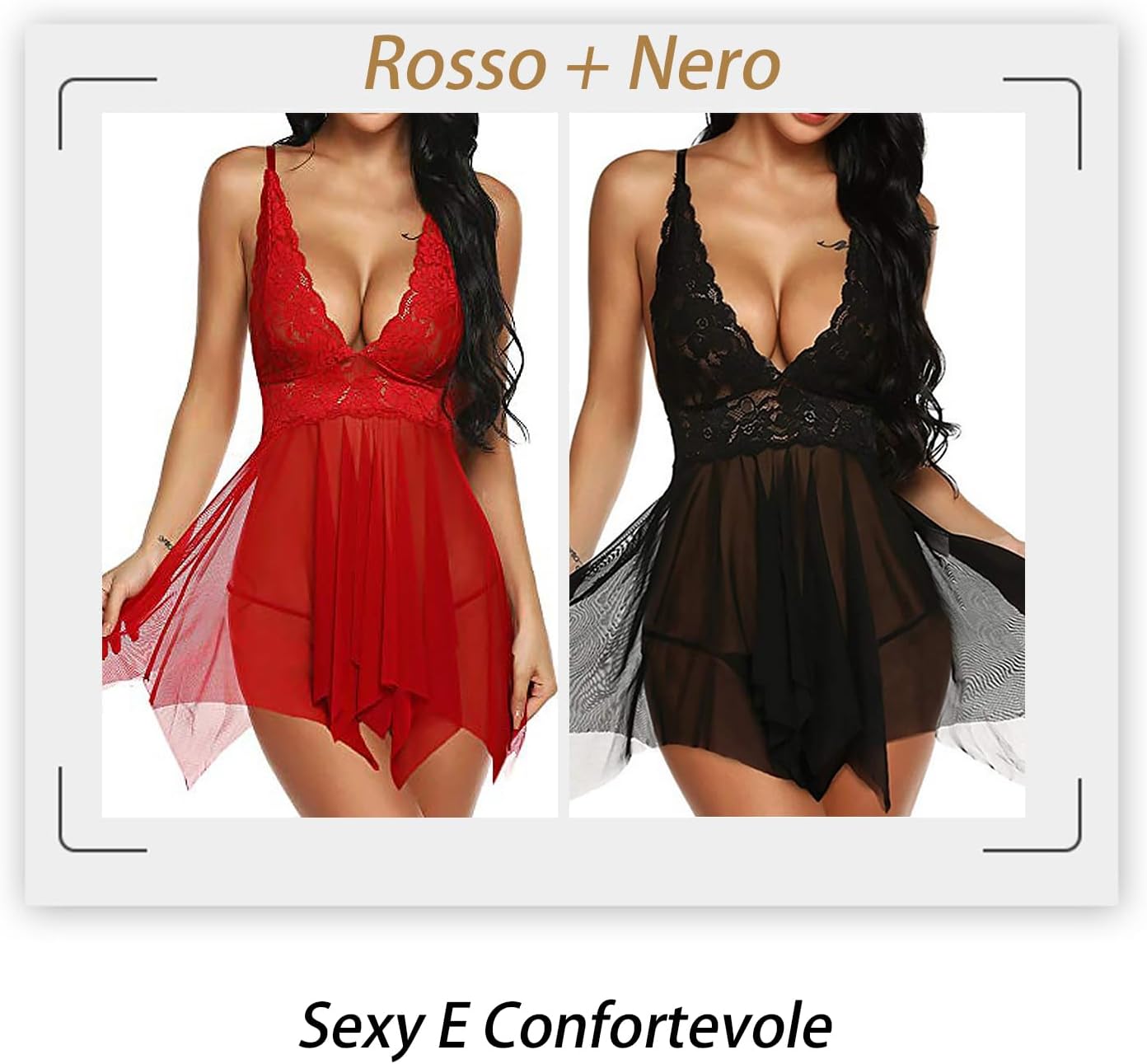 Babydoll In Pizzo Donna Rasyon - Lingerie Scollo A V Con G-String - Set Notte Curvy - Foto 5