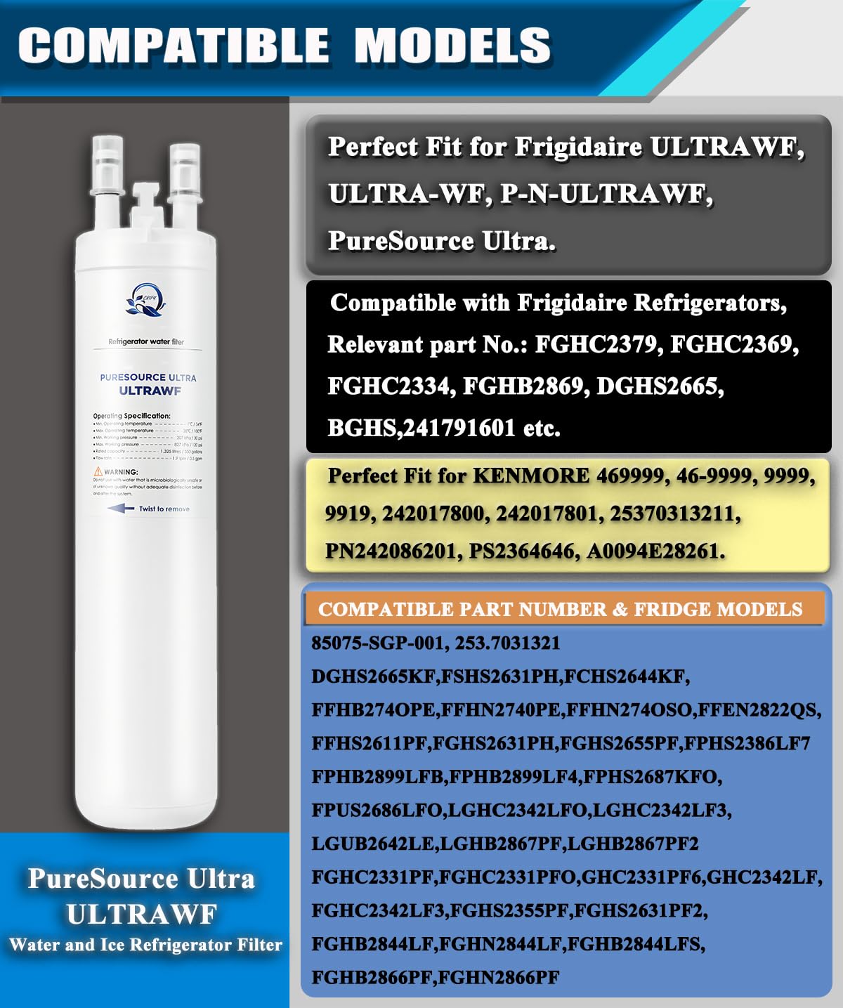 Ultra-WF Pure Source Ultra Wasser- und Eis-Kühlschrankfilter, kompatibel mit ULTRA-WF 242017801 241791601 242017800 PS2364646 A0094E28261 469999 (3er-Pack)