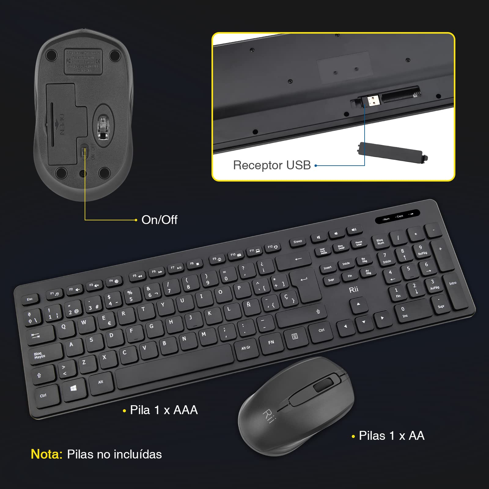 Rii RK200 2.4Ghz Combo Ratón y Teclado Inalámbrico para Android/Windows/Mac/Linux y Otros Dispositivos con USB-QWERTY Español,Color Negro