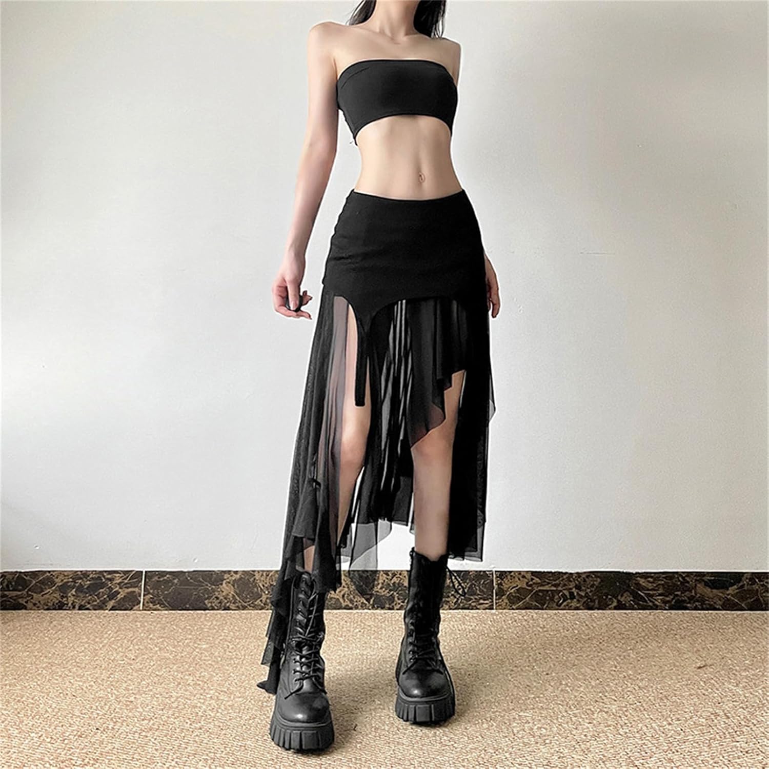 win2win Punk Sheer Mesh Skirt for Women - High Low Low Rise Gothic Hippie Witch, Ballroom, Cheer