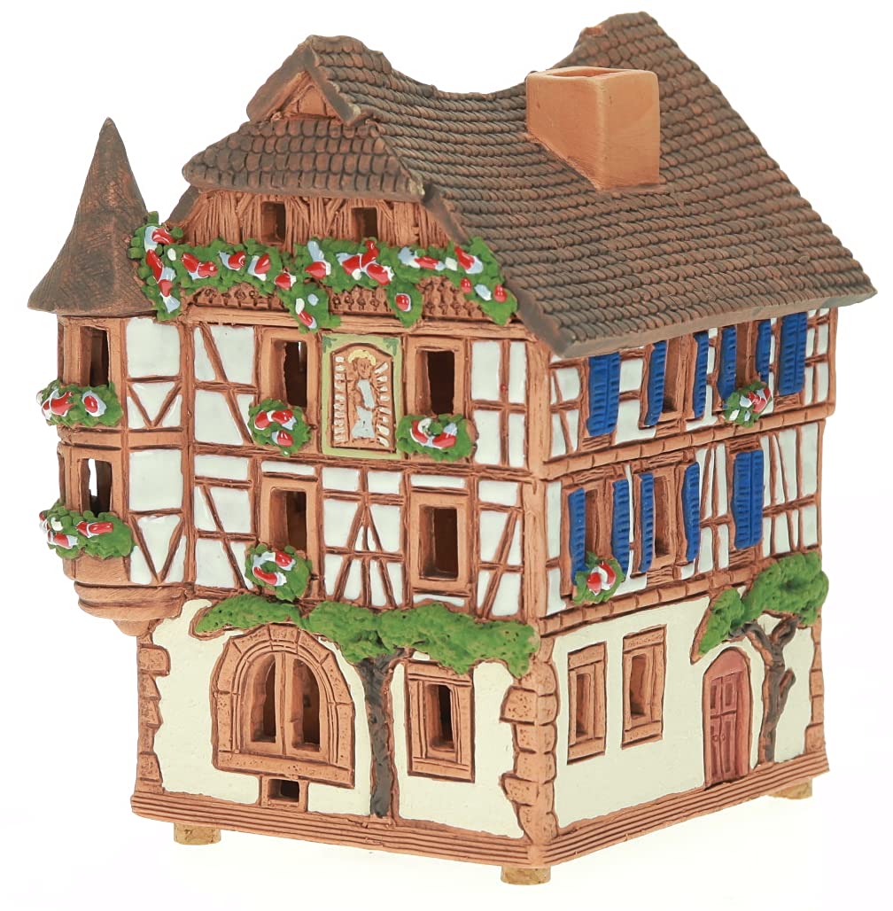 Ceramiczny domek świetlny, rękodzieło, miniaturka artystyczna, historyczny stary dom z muru pruskiego w Kaysersberg, Alzacja, B241AR