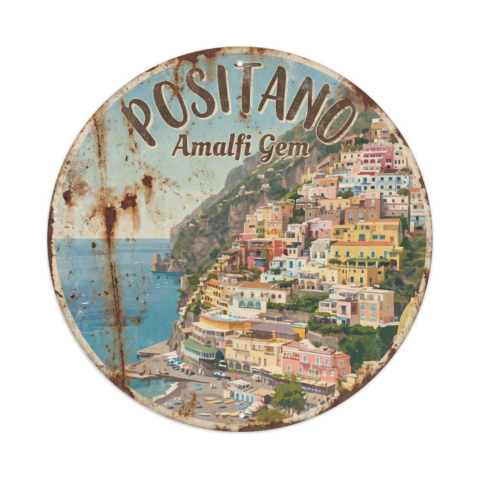Vintage Travel Positano Cliffside Village Metal Tin Sign Plaque Wall Decor for Cafe, Club Bar, Office, Home Garden Round Metal Poster 8x8Inch