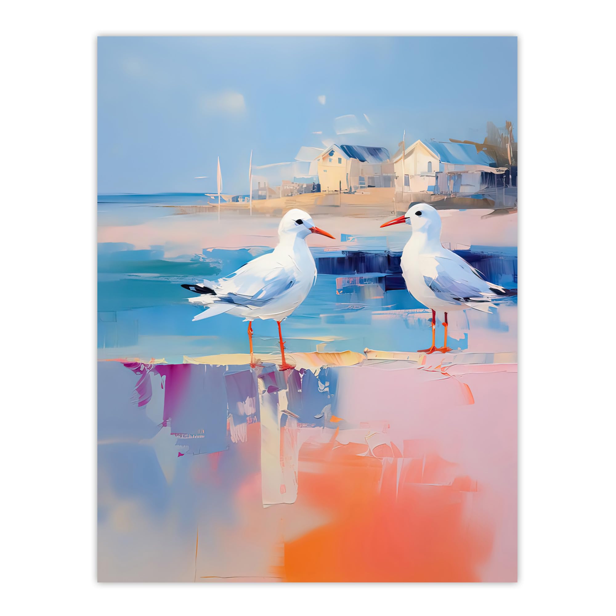 Artery8 Seagull Birds Oil Painting Poster W18" x H24" Blue Coastal Landscape
