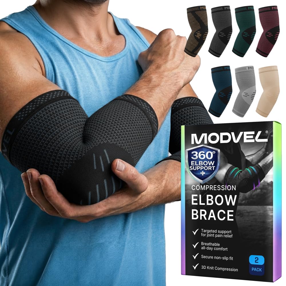 MODVEL 2 Pack Elbow Compression Sleeve for Men & Women, Elbow Brace for Tendonitis, Sleeve Support for Sports, Workouts & Gym
