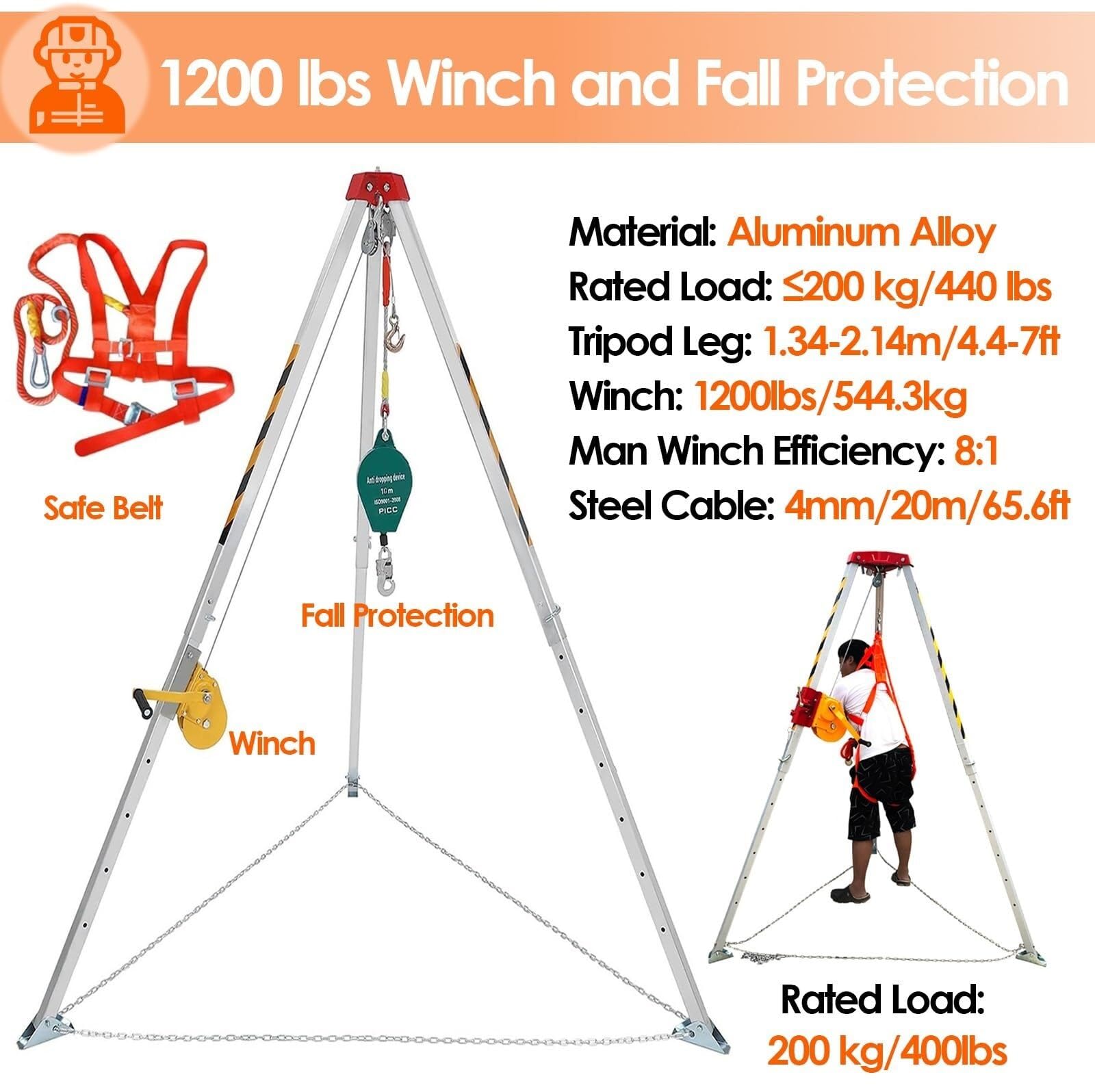 icVantA Tripod Rescue System - Traditional Aluminum Confined Space Tripod Kit 1200LBS 1800LBS 2600LBS Winch for Manhole/Tunneling/Cable Trench/Sewage Wells Easy to,1200LBS Winch+Fall Protection