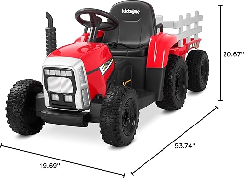 Miniatura 10 de Kidzone Tractor eléctrico alimentado por batería para niños con remolque para montar en el suelo con 2 velocidades luces LED USB y Bluetooth Audio