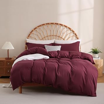 JSD Burgundy Duvet Cover Set Queen Size | 3 Piece Soft Microfiber Duvet Cover with Pillow Shams Zipper Closure, Comforter Not Included, Oeko-Tex Certified