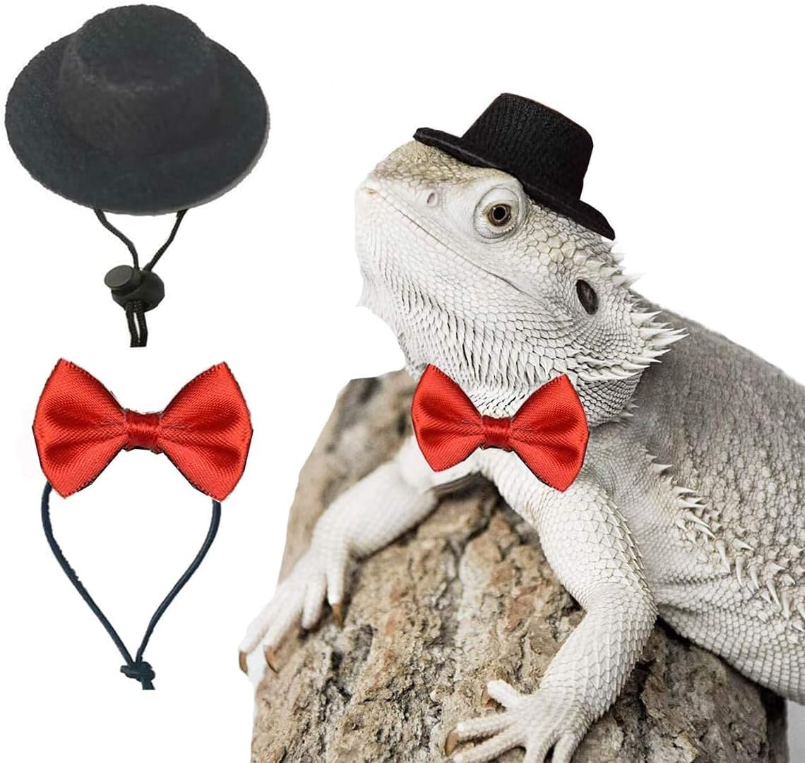 Bearded Dragon Clothes Costume with Adjustable Hat and Bow Tie,Patrick's Day Decorations Clothes for Lizard Chameleon Juvenile Iguana,Small Animal Outfit Suit for Cosplay (Large Black)