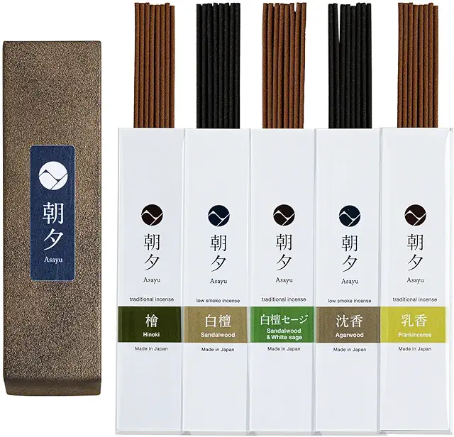 Encens du Japon Naturel Asayu - 5 Parfums Boisés (Bois de Santal, Agar, Cyprès, Sauge, Oliban)