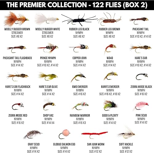 Miniatura 3 de Ventures Fly Co.  Surtido de 122 moscas de pesca con mosca atadas a mano  Dos cajas para moscas incluidas  Seco, húmedo, ninfas, serpentinas,