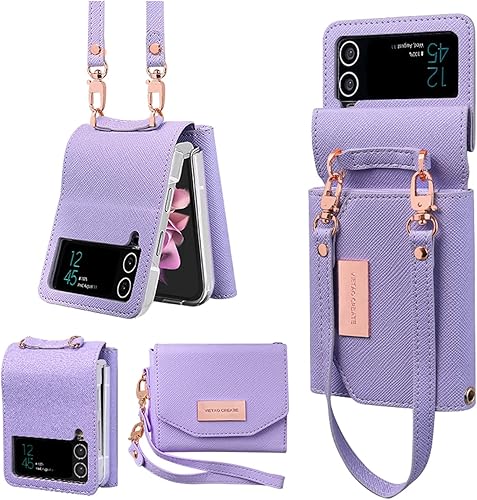 Miniatura 1 de XIMAND Funda abatible con cartera de cuero, correa de muñeca, cremallera y parte de bisagra protegida para Samsung Galaxy Z Flip 4 5G, bolso de moda