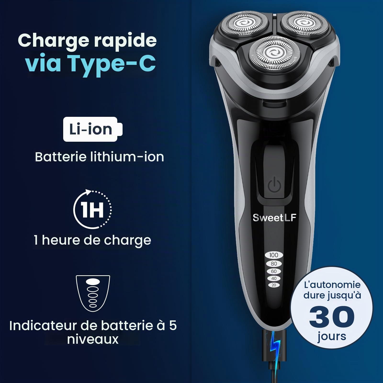 SweetLF Rasoir électrique pour homme avec tondeuse de précision, rasoir rotatif IPX7 pour homme - Rasoir humide et sec avec 1 chargeur + 3 lames supplémentaires - Rasoir étanche pour homme électrique