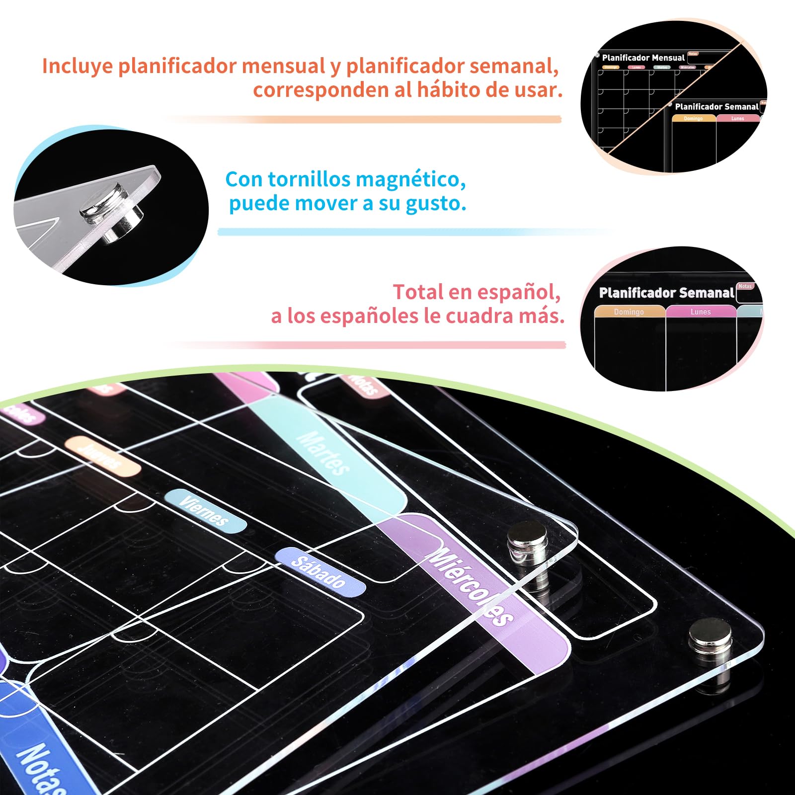 Kesote Calendario y Pizarra Magnética para Nevera en Español 40cm×30cm Planificador Semanal y Mensual de Metacrilato Transparente, Incluye 6 Rotuladores, Borrador y Soporte Magnético para Rotuladores