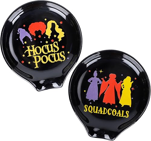 Whaline Juego de 2 cucharas de café de bruja de Halloween Hocus Pocus, soporte de cucharadita de cerámica para salsa espeluznante, plato de anillo