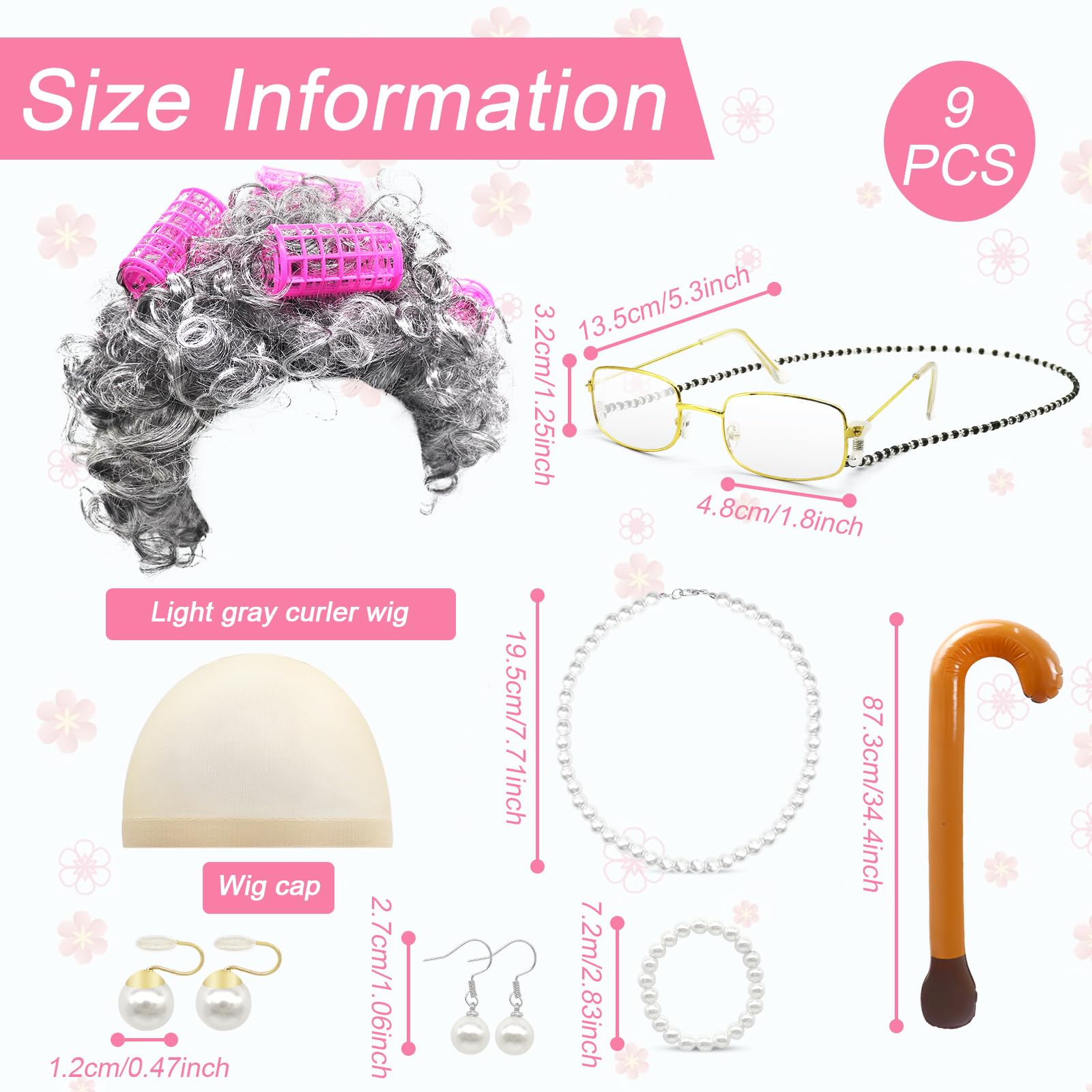 GLGHMH 12pcs Old Lady Costume Set, Grandma Wig Cap Including Glasses Pearl Earring Bracelet Necklace Inflatable Walking Stick - Image 3