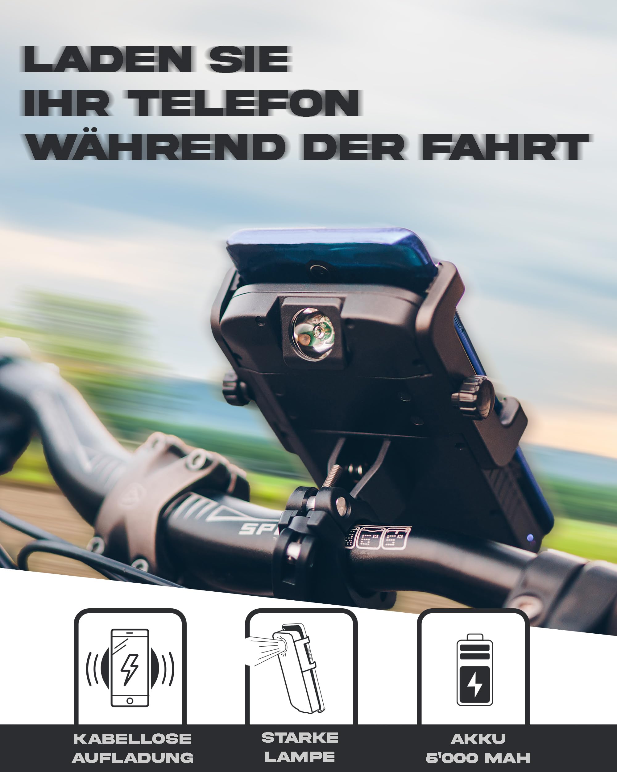 Sunslice Fahrrad Handyhalterung mit integrierter Powerbank Wireless und Fahrradlicht für Smartphone Halterung mit Kabellose Ladefunktion