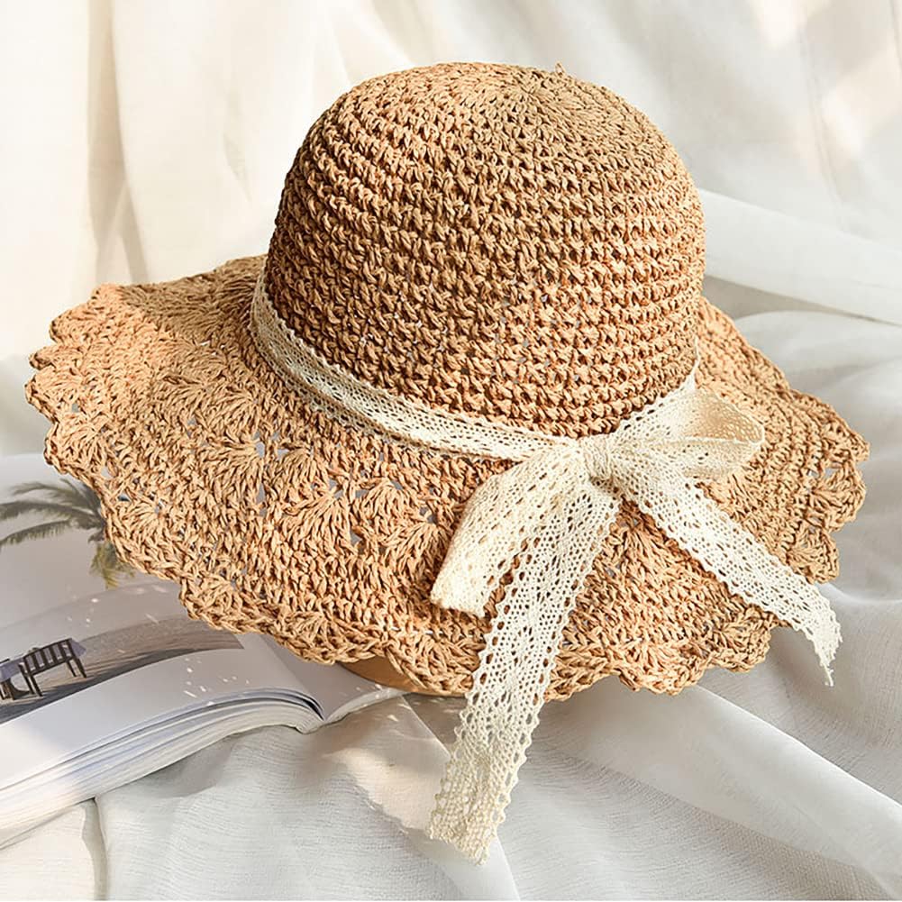 Straw Sun Hat Summer UV Protection Beach Hat Wide Brim Floppy Lace Bowknot Foldable Travel Sun Hat for Women Girls
