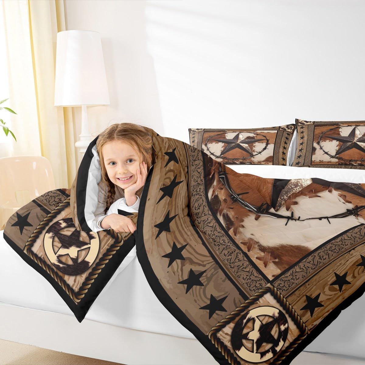Manfei Western Texas Star Kids Comforter Set King Size,Cow Fur Wooden Plank Bedding Set,Boys Girls Adults Room Decor,Rustic Farmhouse Western Cowboy Qulit Set,Brown Retro Duvet Insert,2 Pillowcases