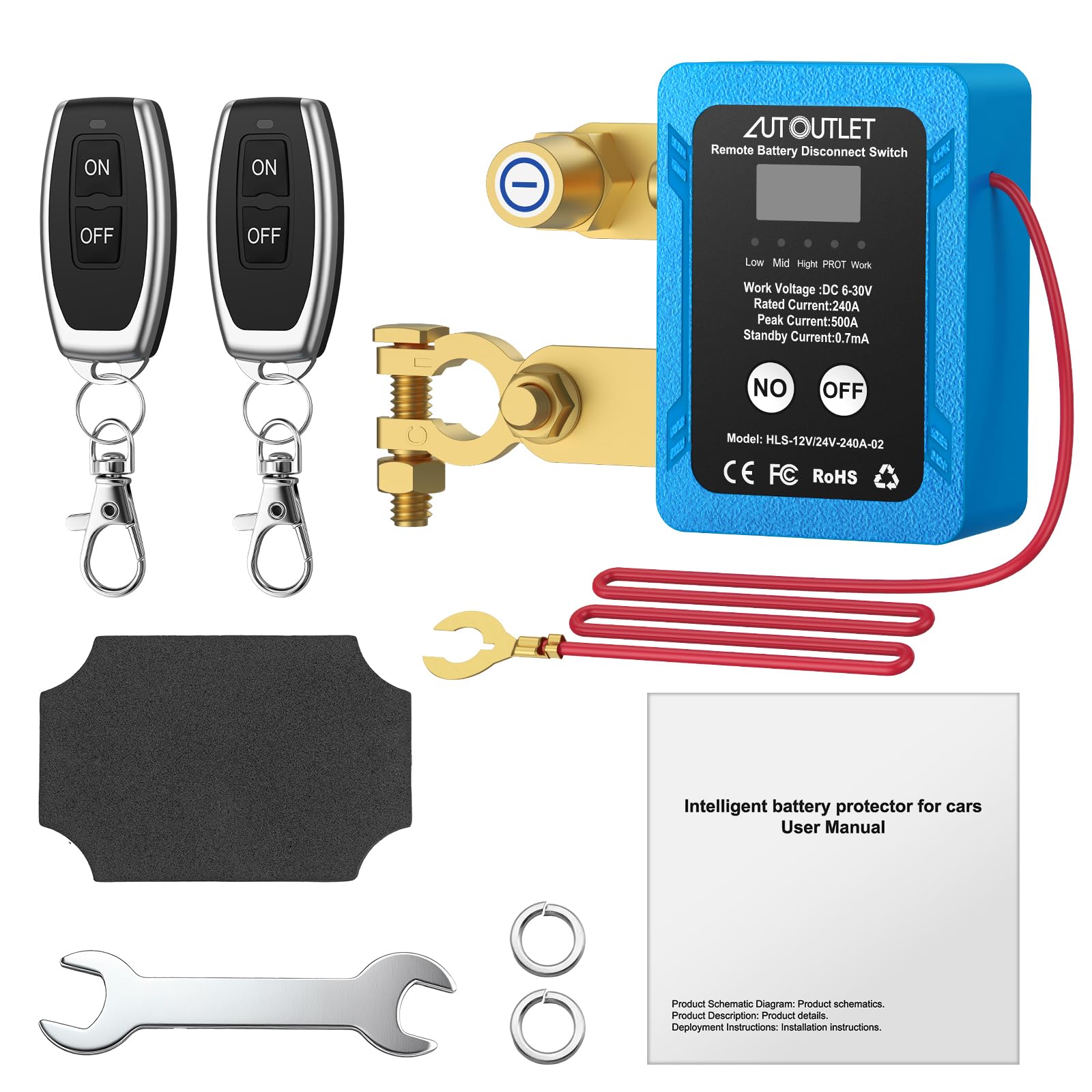 AUTOUTLET Stacca Batteria per Auto DC 6V-30V 240A, Sezionatore Auto Remoto Senza Fili con Telecomando e Chiave Inglese per Camion Barca RV Roulotte,Display LCD e Spegnimento Automatico