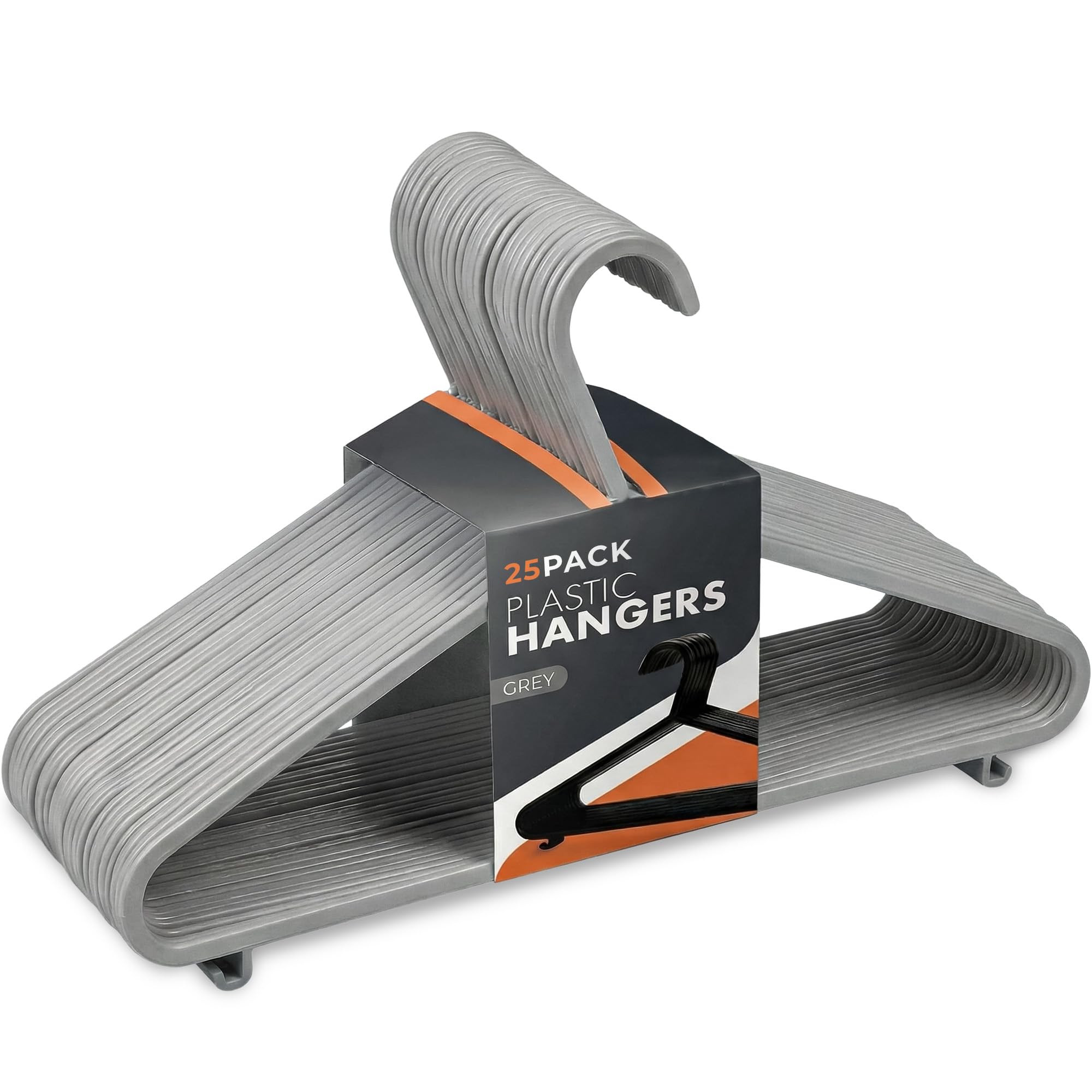 Scott 11 Plastic Coat Hangers, 25 Pack - Adult Grey Strong Clothes Hangers For Clothes, Durable With Hooks For Space-Saving, Lightweight, Non-Slip, Slim Design For Trousers, Shirts & Suits