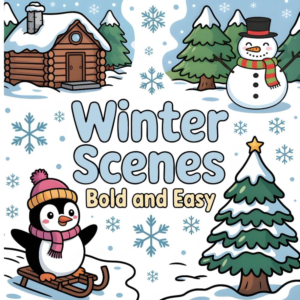 Winter Scenes: Bold and Easy Coloring Book for Kids and Toddlers: Cute Animals, Snowflakes, Christmas, and Cozy Winter Fun!