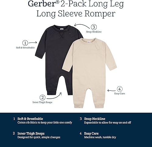 Miniatura 6 de Gerber Paquete de 2 mamelucos de pierna larga para bebé niño, Bronceado y Gris Oscuro